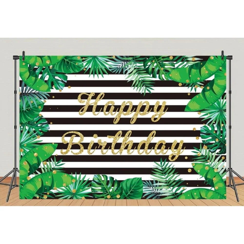Palm Leaves Happy Birthday Backdrop 8x6FT Green Gold Tropical Party Decor Indoor